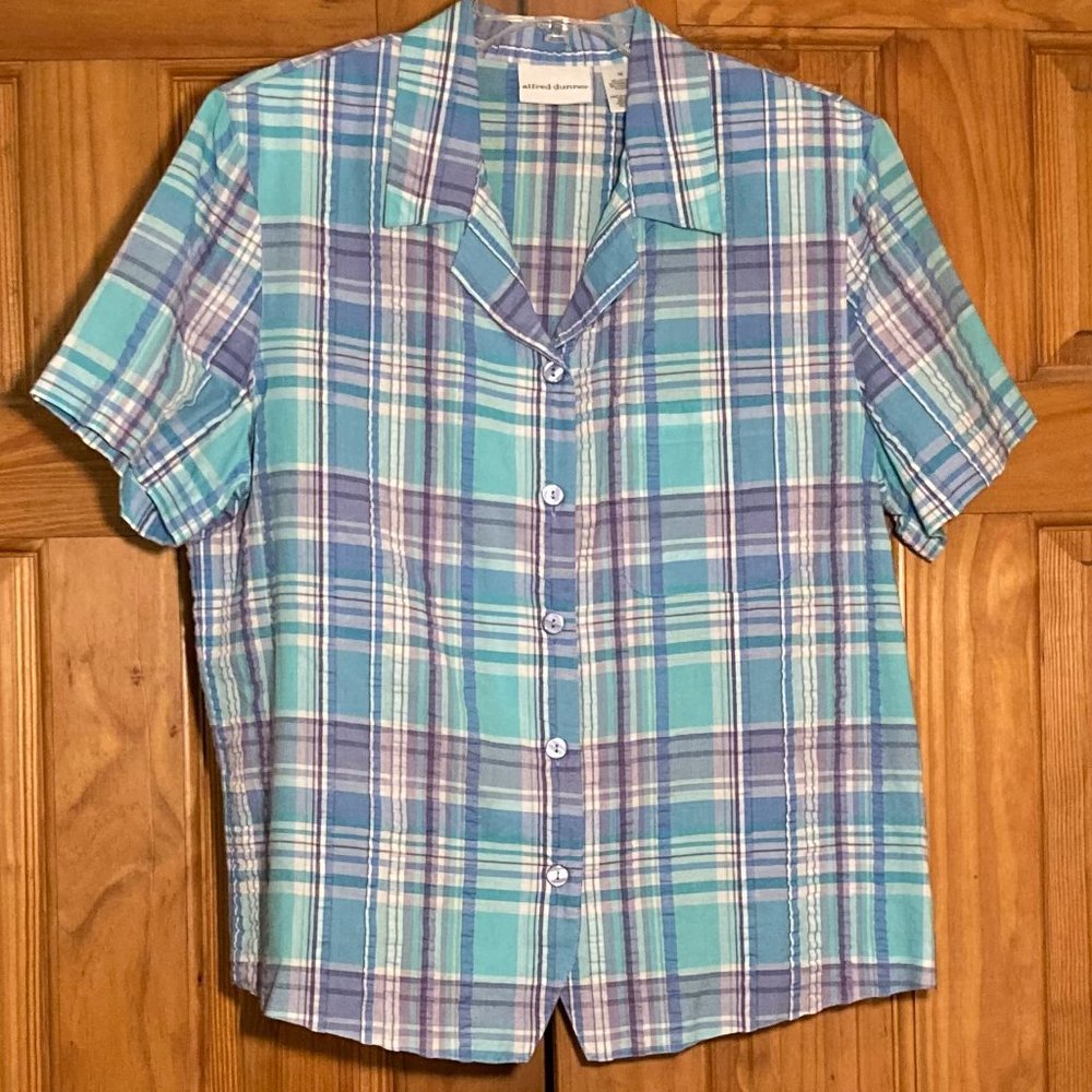 NWOT Alfred Dunner Vintage 90s Top Short Sleeve Blouse Blue Plaid Size 16